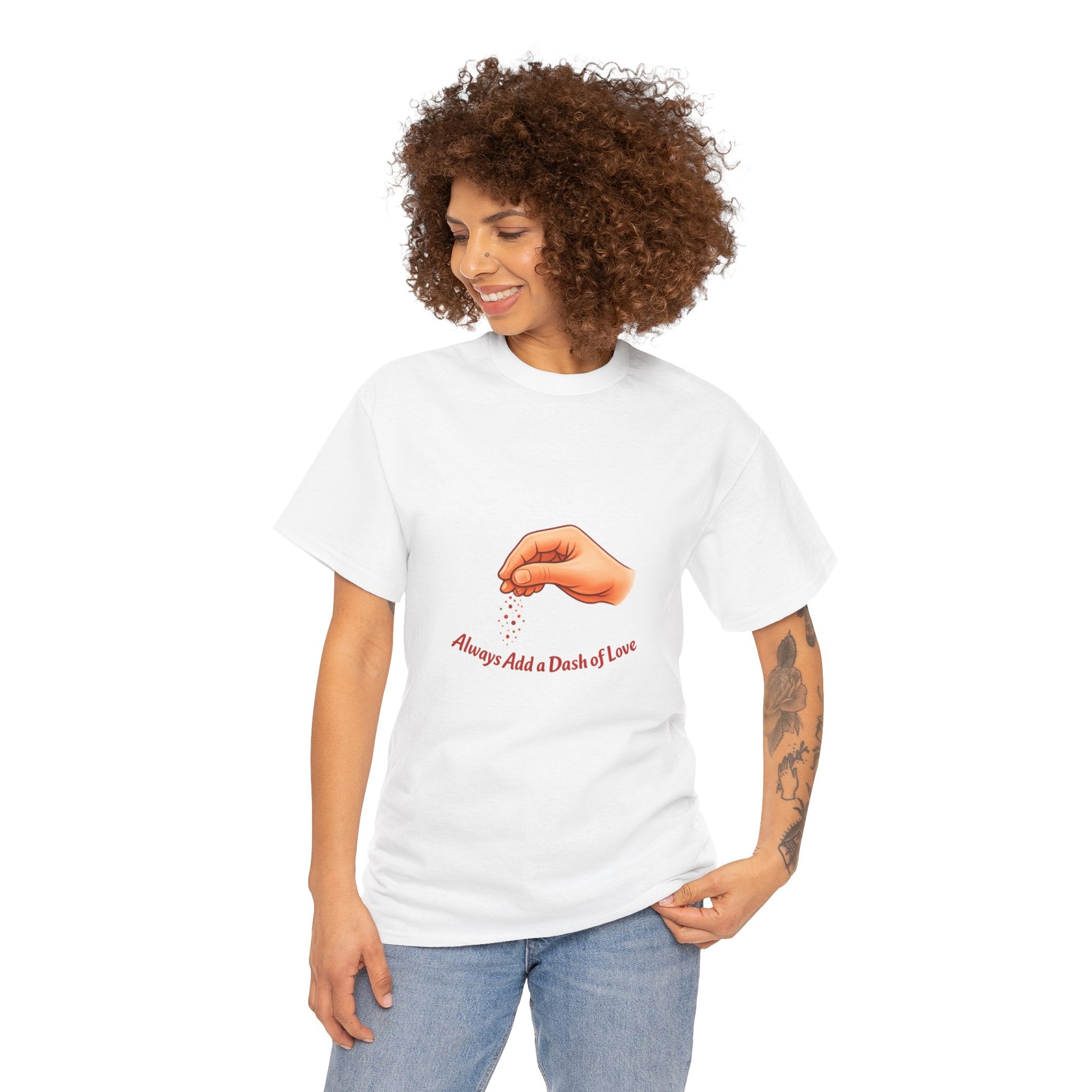T-Shirt — "Always Add a Dash of Love" Minimalist Hand Emoji Tee